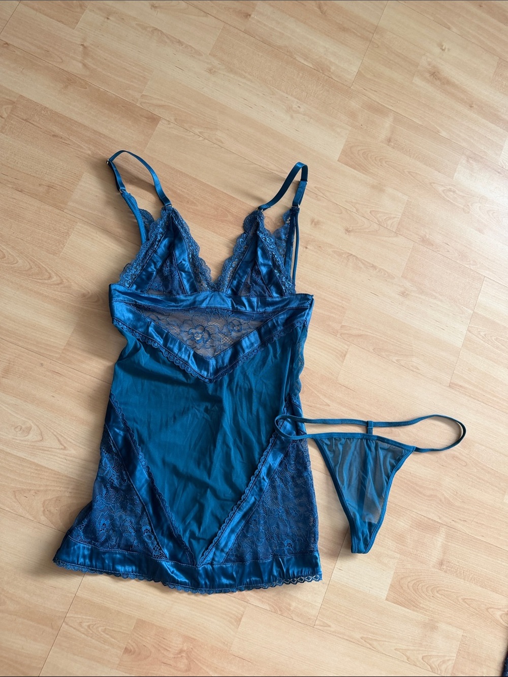 Blue Teal Lace Trim Satin Chemise with Matching Thong